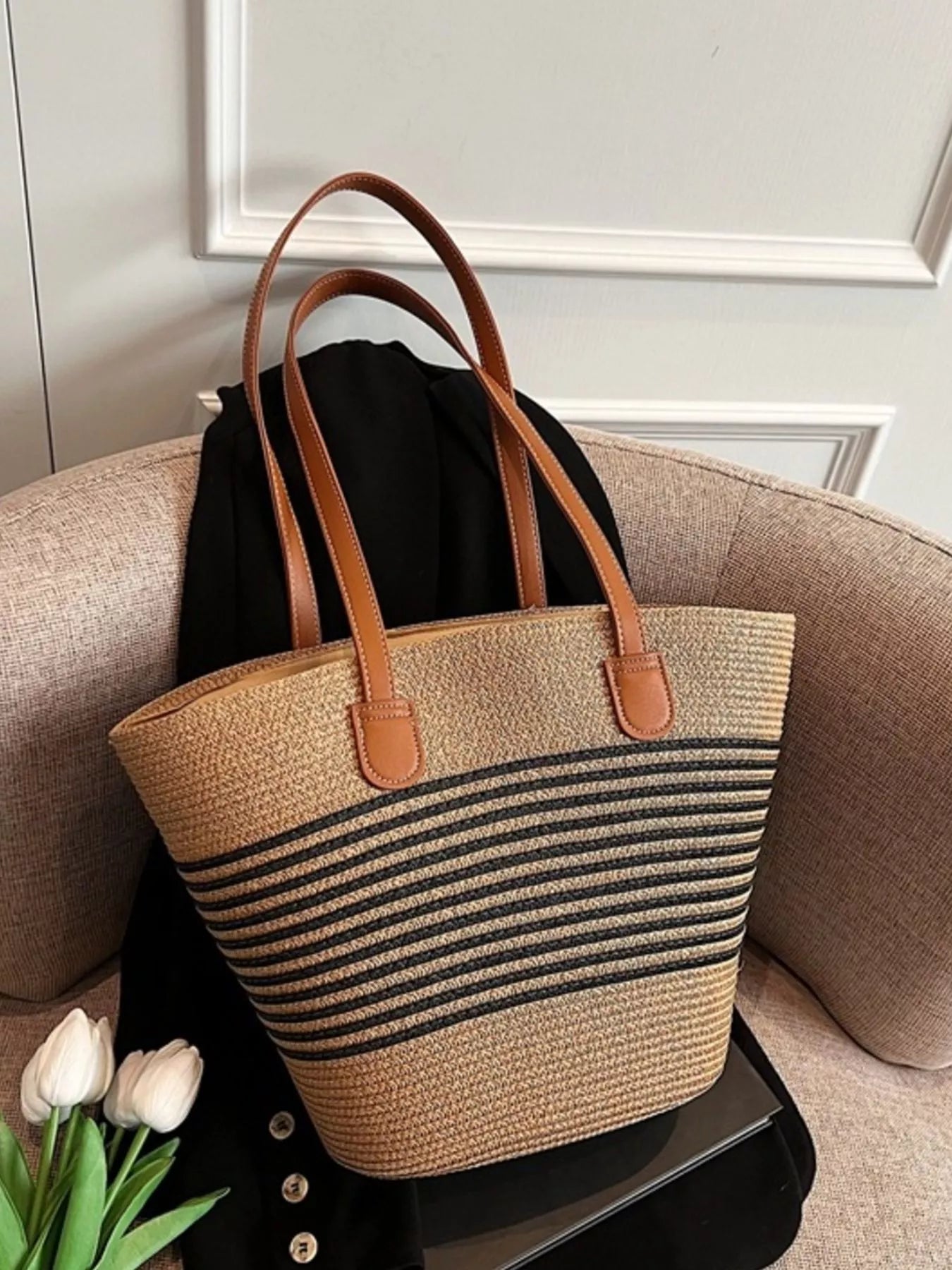 Striped Woven Straw Shoulder Bag Black / One Size The Nichole Collection - Official Site