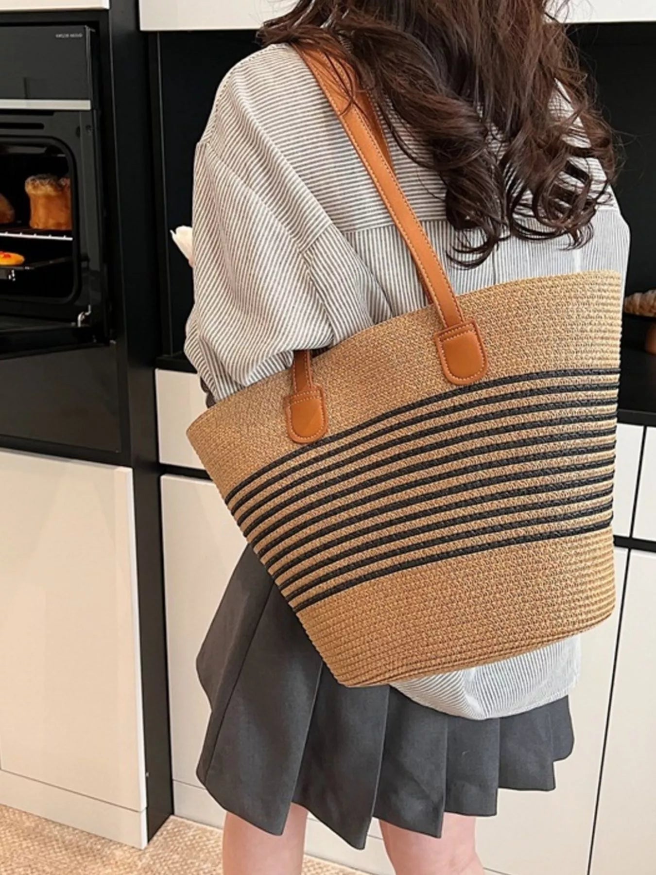 Striped Woven Straw Shoulder Bag Black / One Size The Nichole Collection - Official Site