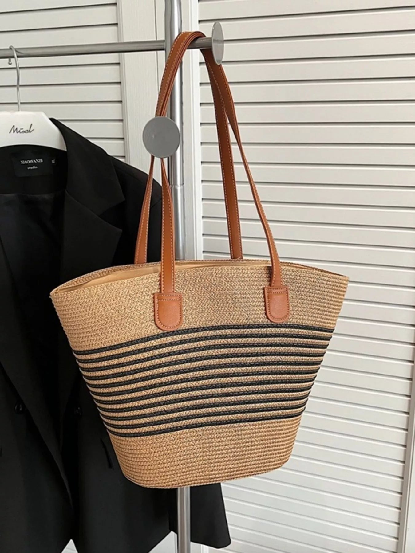 Striped Woven Straw Shoulder Bag Black / One Size The Nichole Collection - Official Site