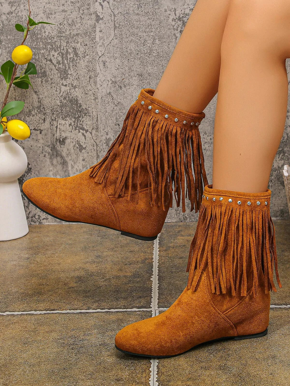 Suede Fringe Boots with Studded Details Brown / 36 The Nichole Collection