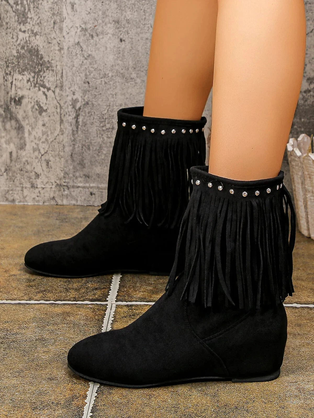Suede Fringe Boots with Studded Details Black / 36 The Nichole Collection