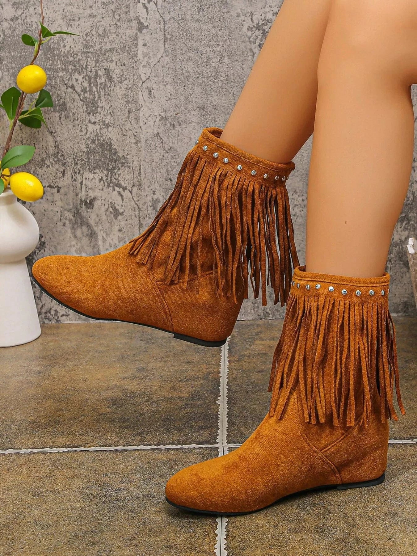 Suede Fringe Boots with Studded Details The Nichole Collection