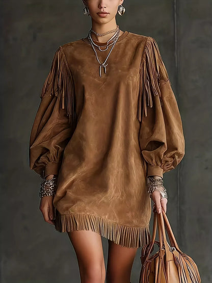 Suede Fringe Lantern Sleeve Mini Dress Brown / S The Nichole Collection
