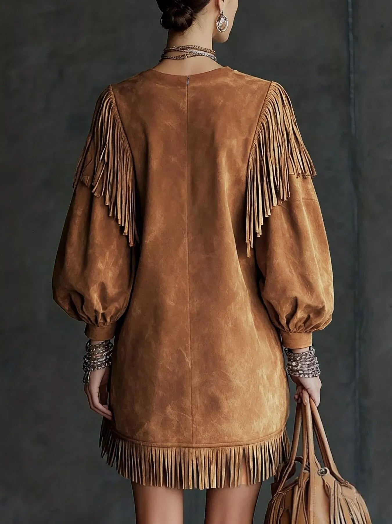 Suede Fringe Lantern Sleeve Mini Dress The Nichole Collection