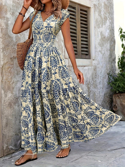 Summer Vacation Printed Cap Sleeve Maxi Dress Blue / S The Nicole Collection