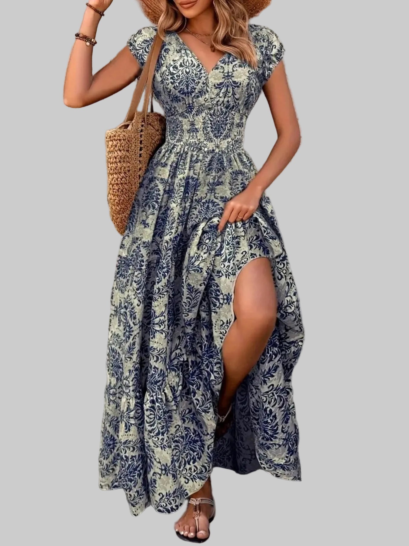 Summer Vacation Printed Cap Sleeve Maxi Dress Blue Flower / S The Nicole Collection