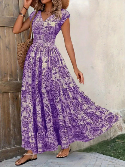 Summer Vacation Printed Cap Sleeve Maxi Dress The Nicole Collection
