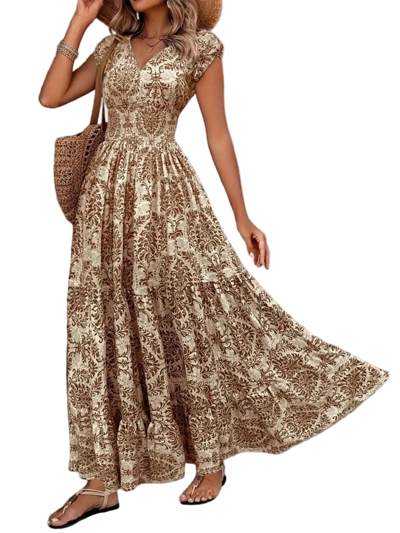Summer Vacation Printed Cap Sleeve Maxi Dress Brown Flower / S The Nicole Collection