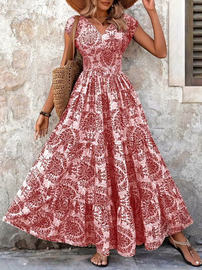 Summer Vacation Printed Cap Sleeve Maxi Dress Red / S The Nicole Collection