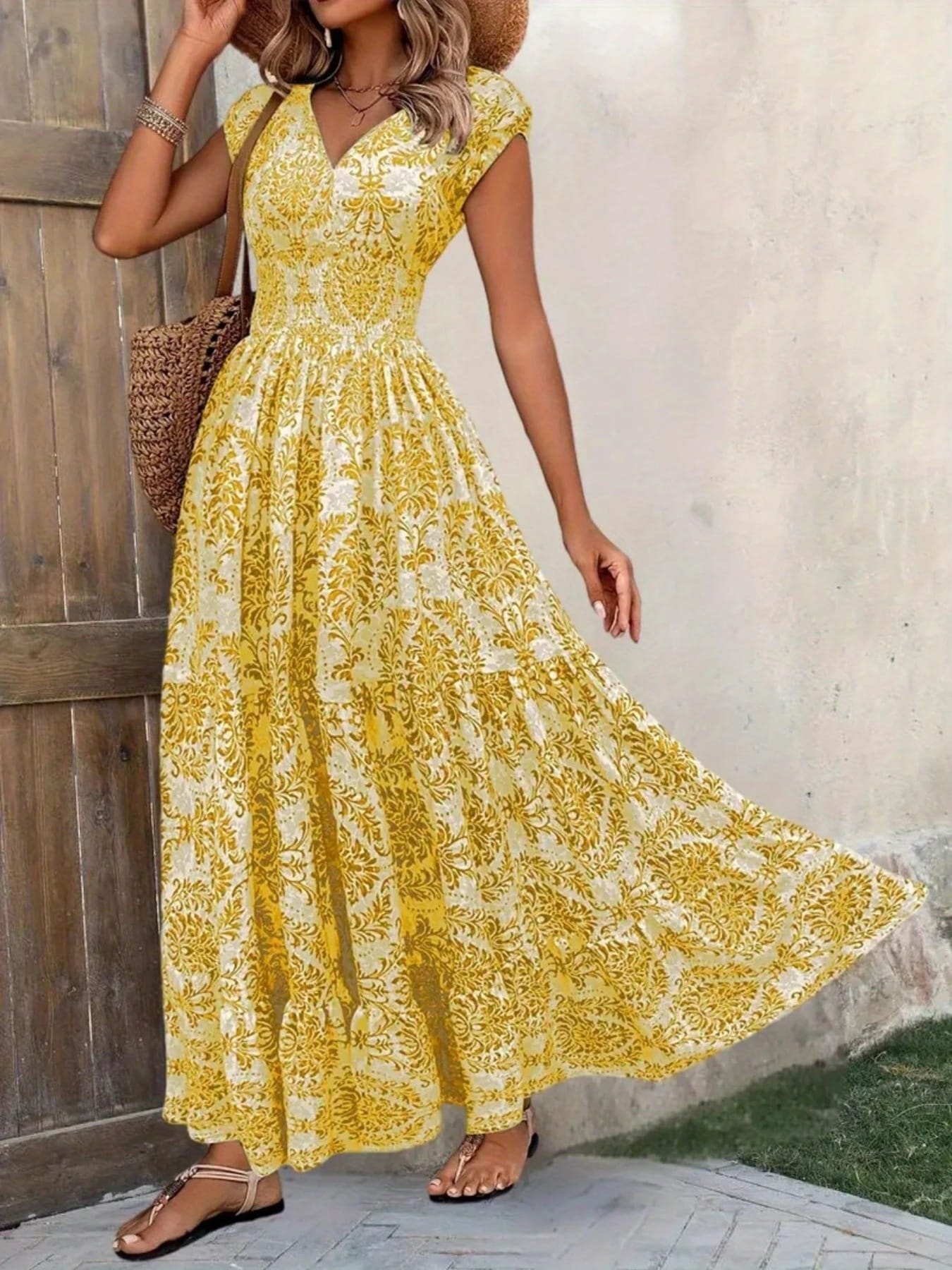Summer Vacation Printed Cap Sleeve Maxi Dress The Nicole Collection