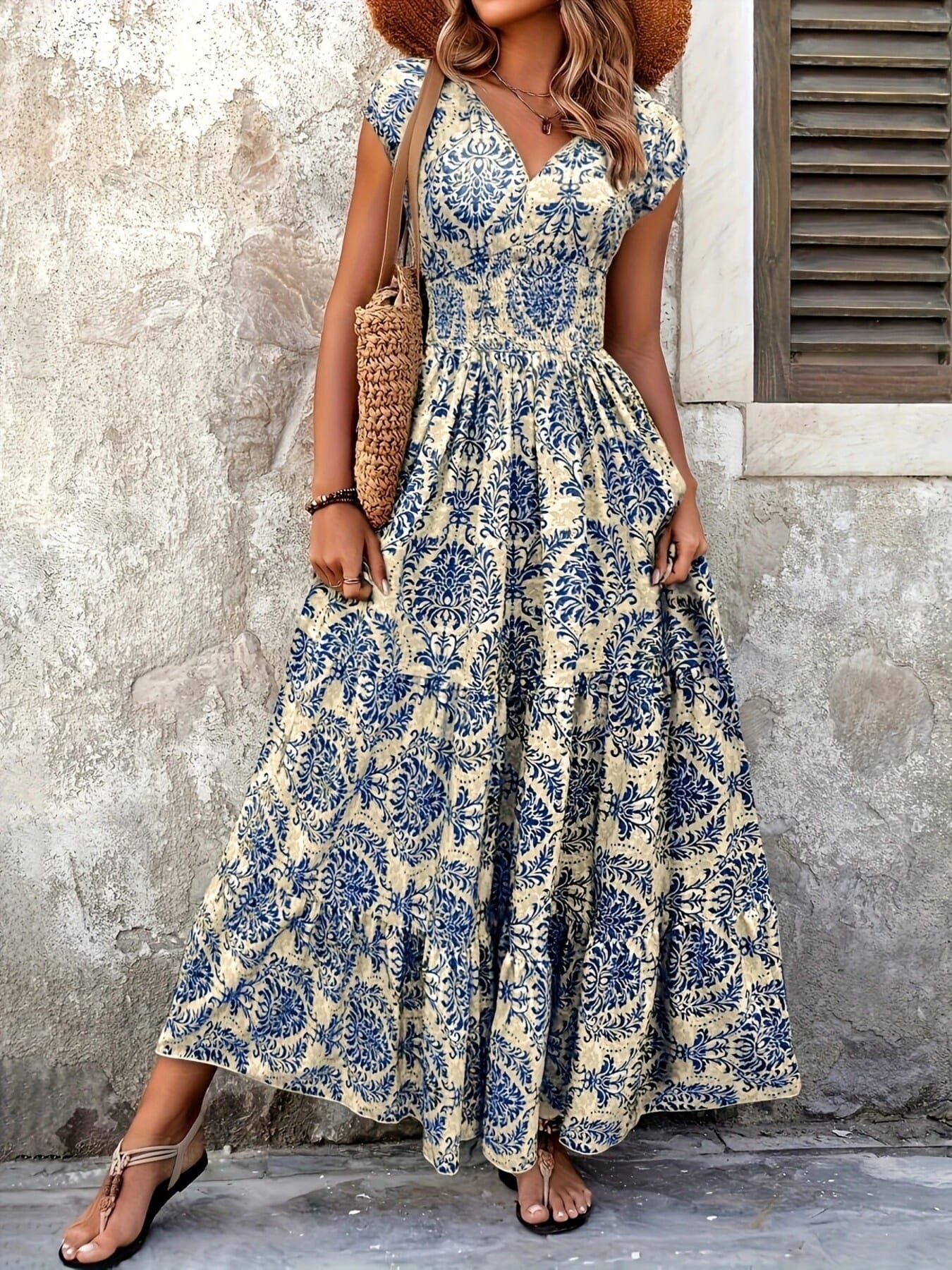 Summer Vacation Printed Cap Sleeve Maxi Dress The Nicole Collection
