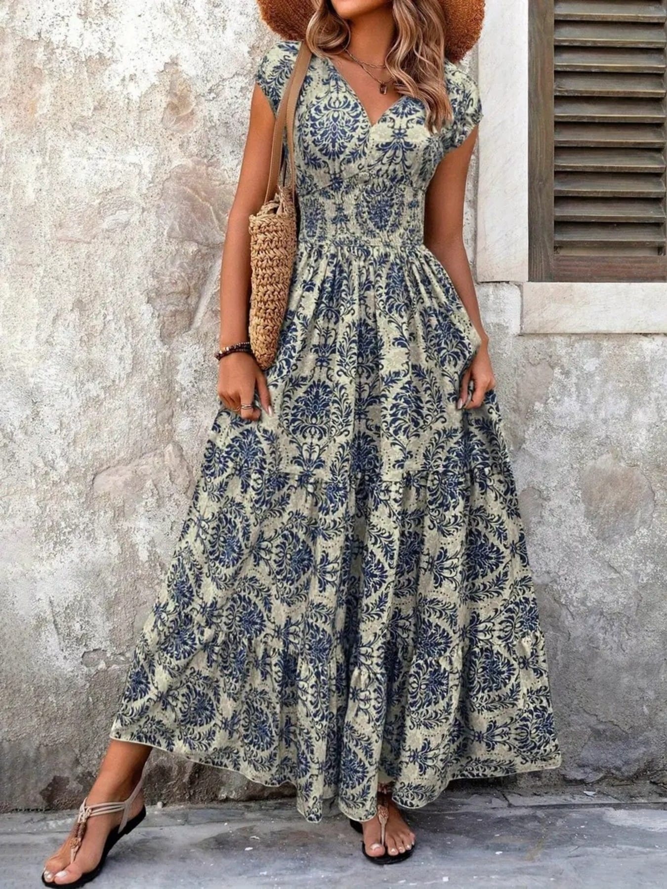 Summer Vacation Printed Cap Sleeve Maxi Dress The Nicole Collection