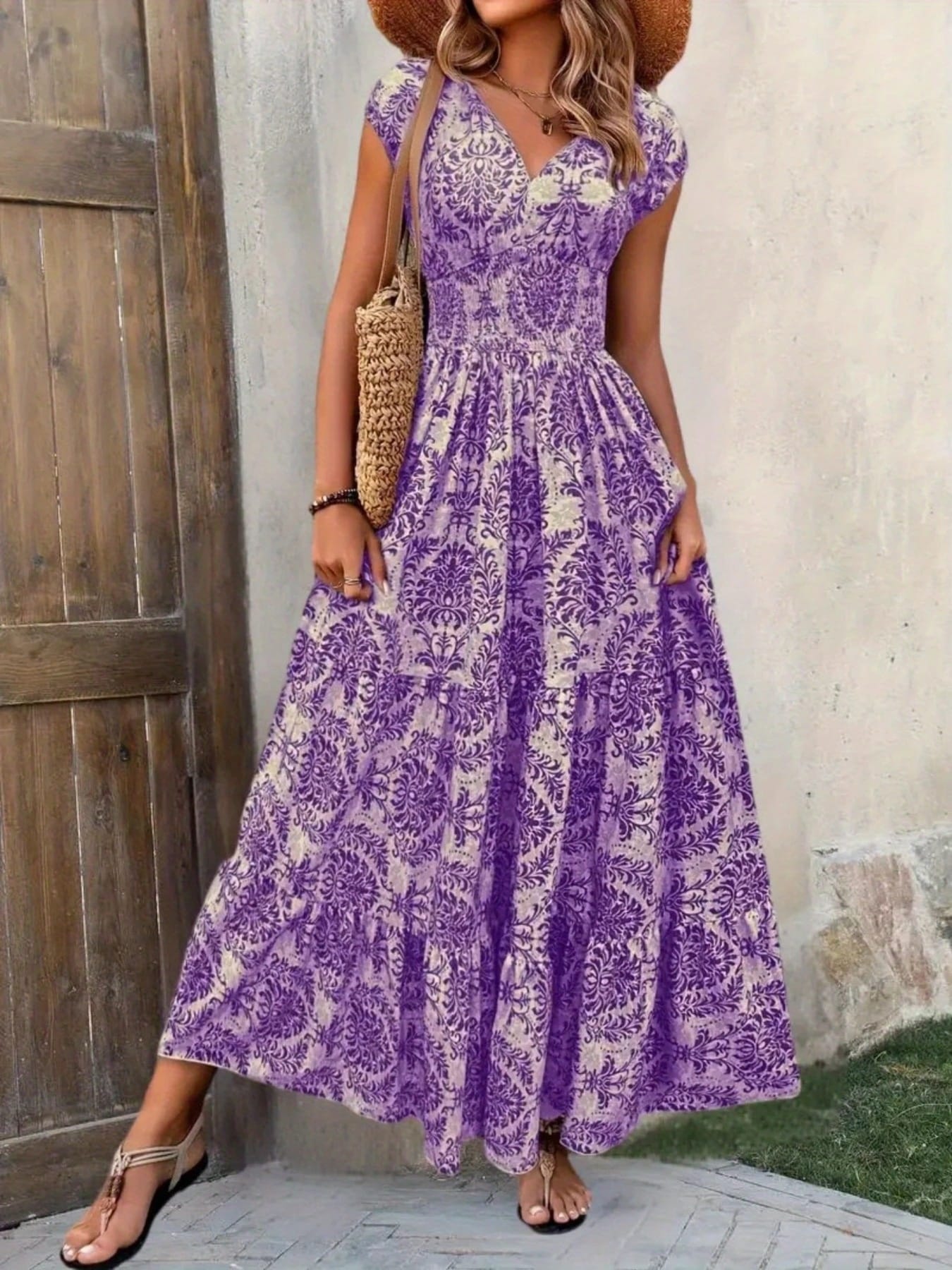 Summer Vacation Printed Cap Sleeve Maxi Dress Purple Flower / S The Nicole Collection