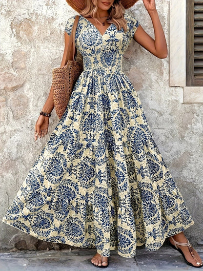 Summer Vacation Printed Cap Sleeve Maxi Dress The Nicole Collection