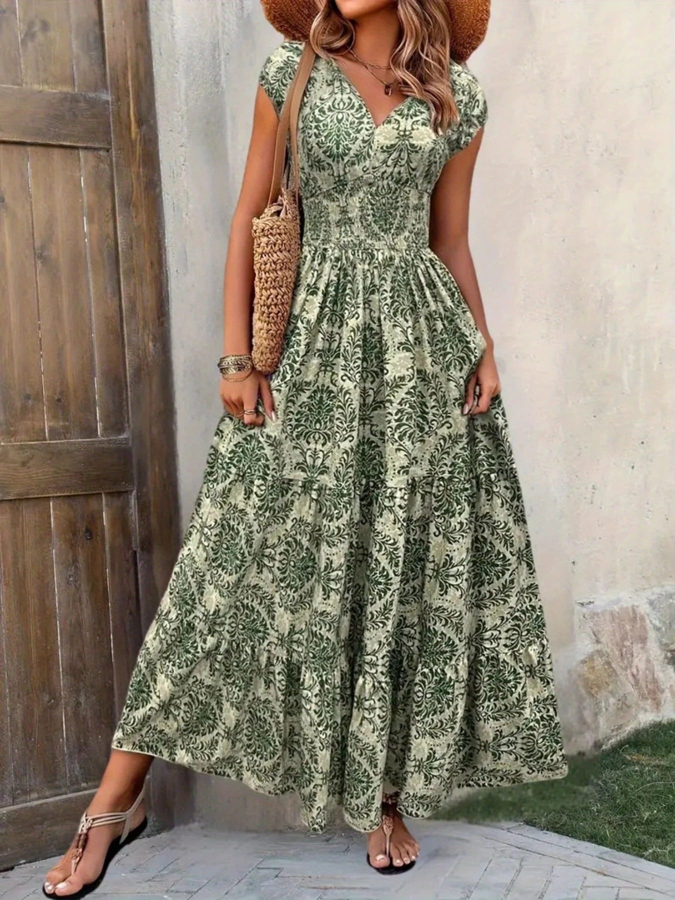 Summer Vacation Printed Cap Sleeve Maxi Dress Green Flower / S The Nicole Collection