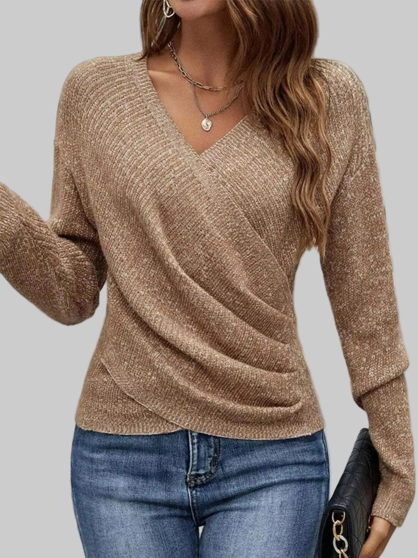 Wrap front long sleeve knit top women Caramel / S The Nichole Collection