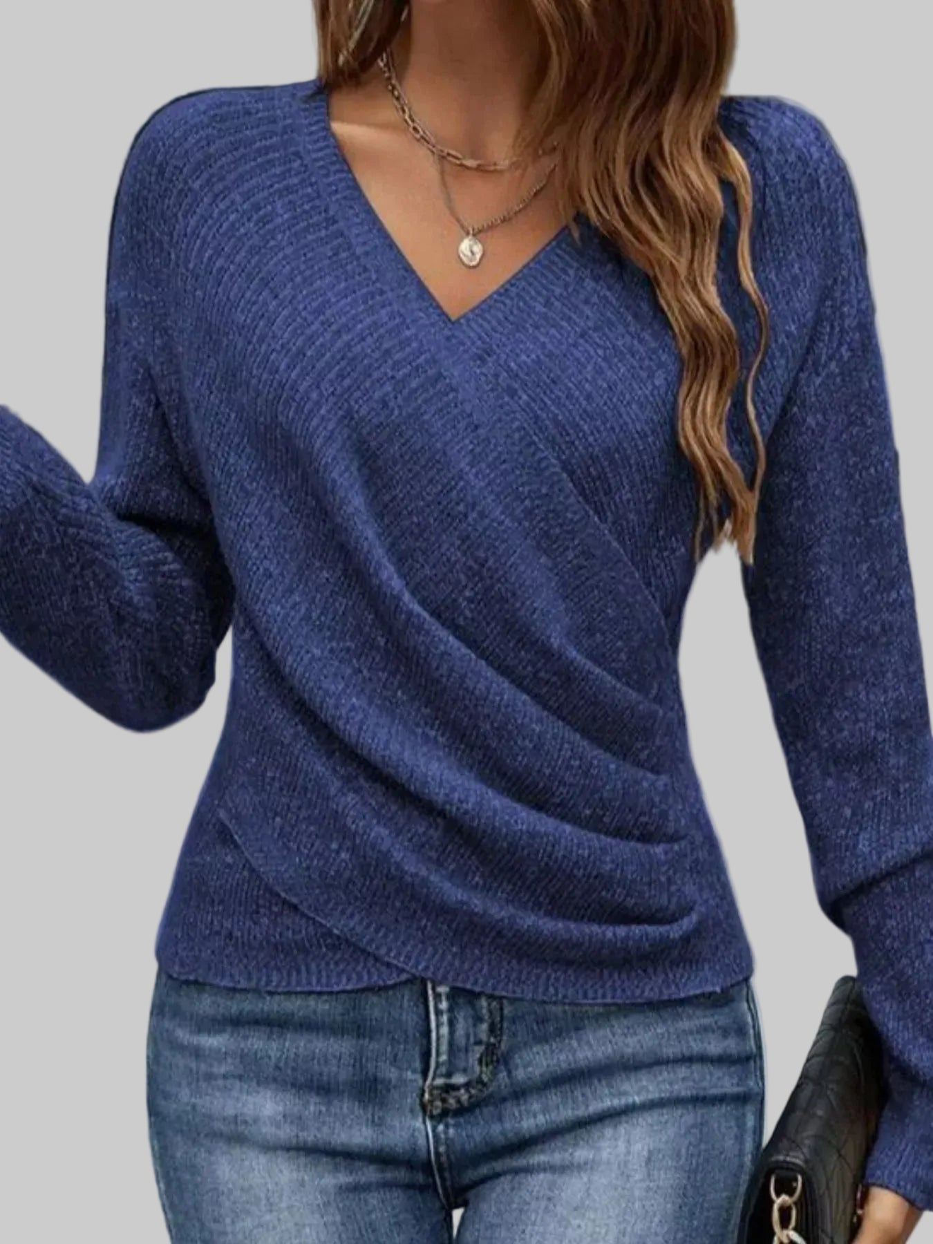 Wrap front long sleeve knit top women Dark Blue / S The Nichole Collection