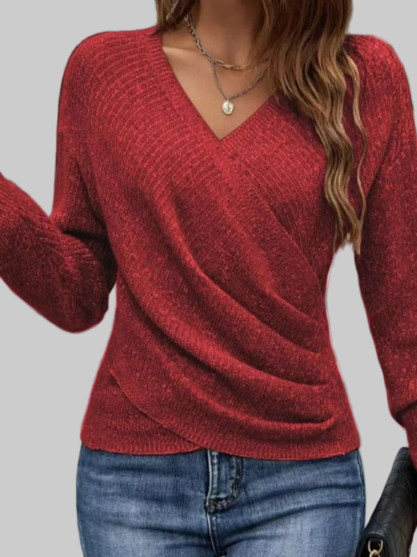 Wrap front long sleeve knit top women Red / S The Nichole Collection