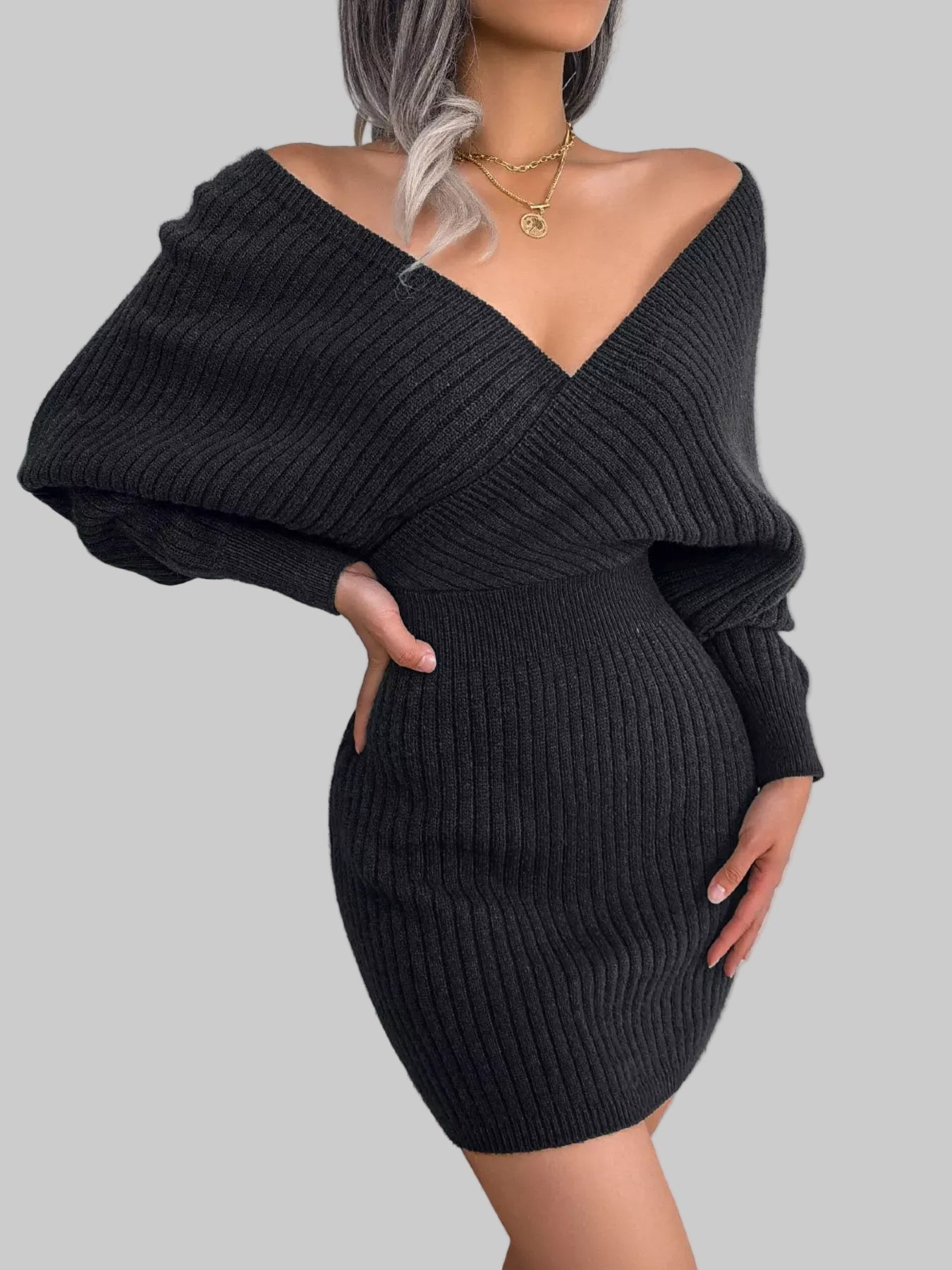Surplice Long Sleeve Sweater Dress Black / S The Nichole Collection