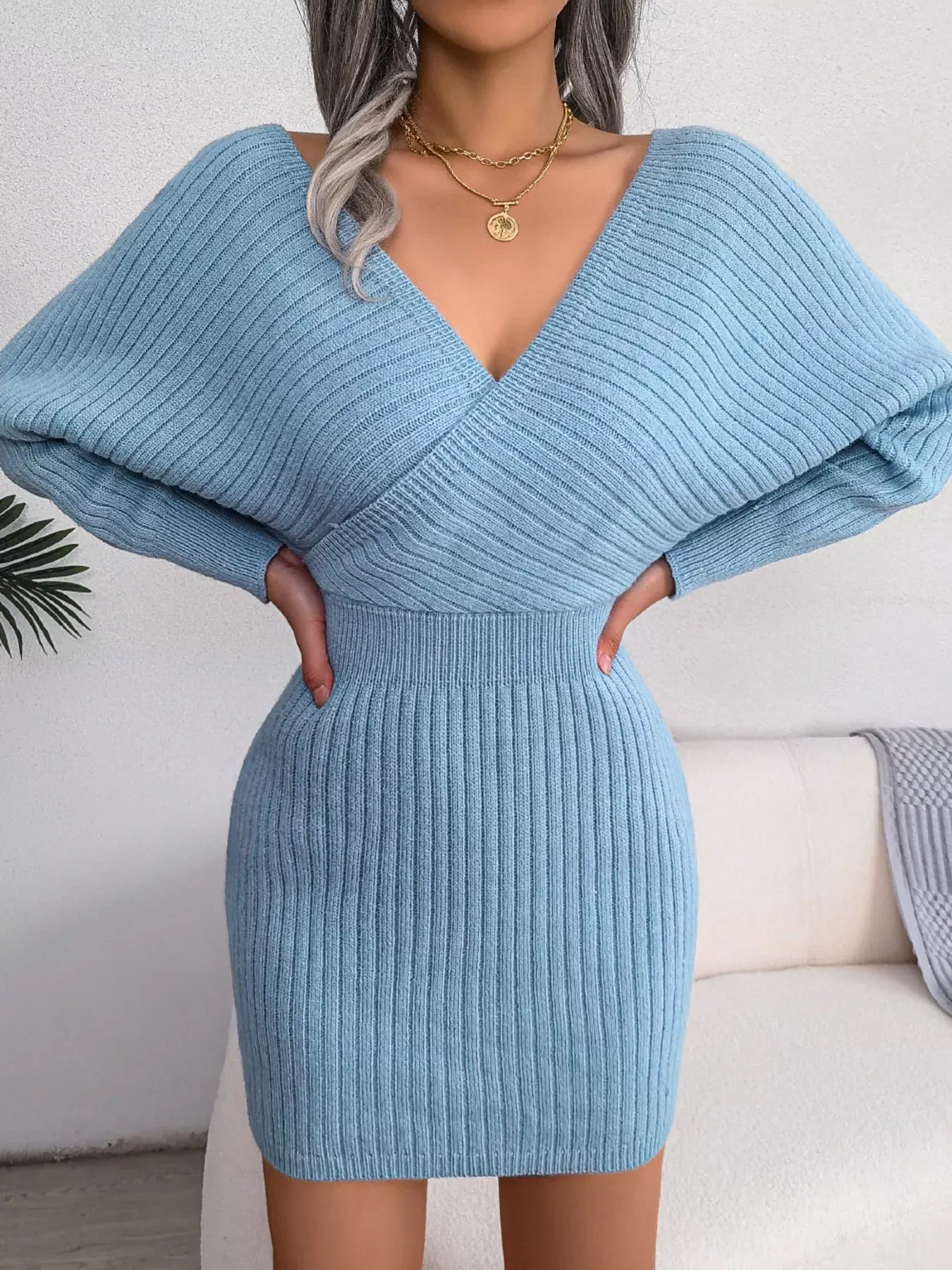 Surplice Long Sleeve Sweater Dress The Nichole Collection