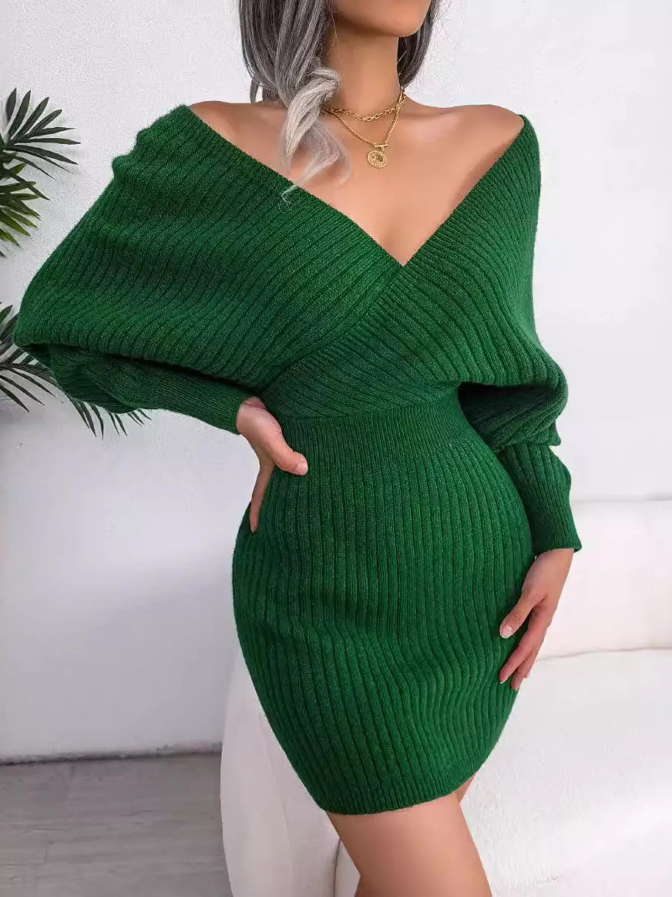 Surplice Long Sleeve Sweater Dress Green / S The Nichole Collection