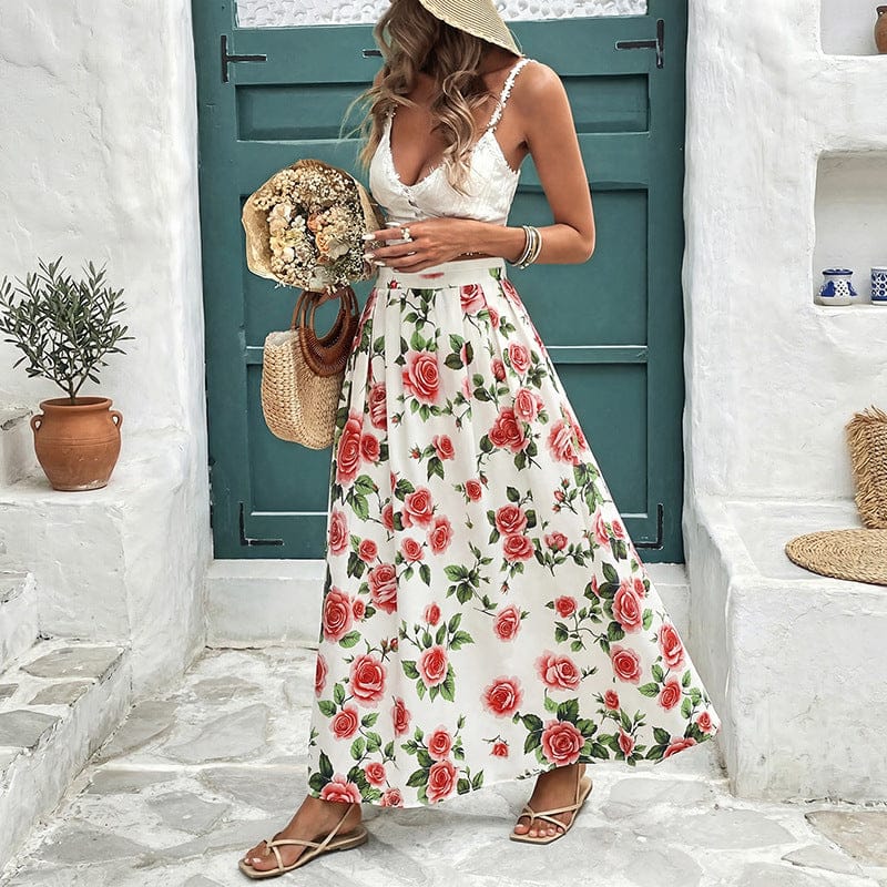 Sweet Vacation Rose Printed High Waist Skirt S / Red The Nicole Collection