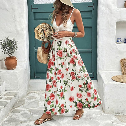 Sweet Vacation Rose Printed High Waist Skirt S / Red The Nicole Collection