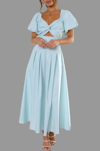 Sweetheart Neck Puff Sleeve Dress Pastel  Blue / S The Nichole Collection