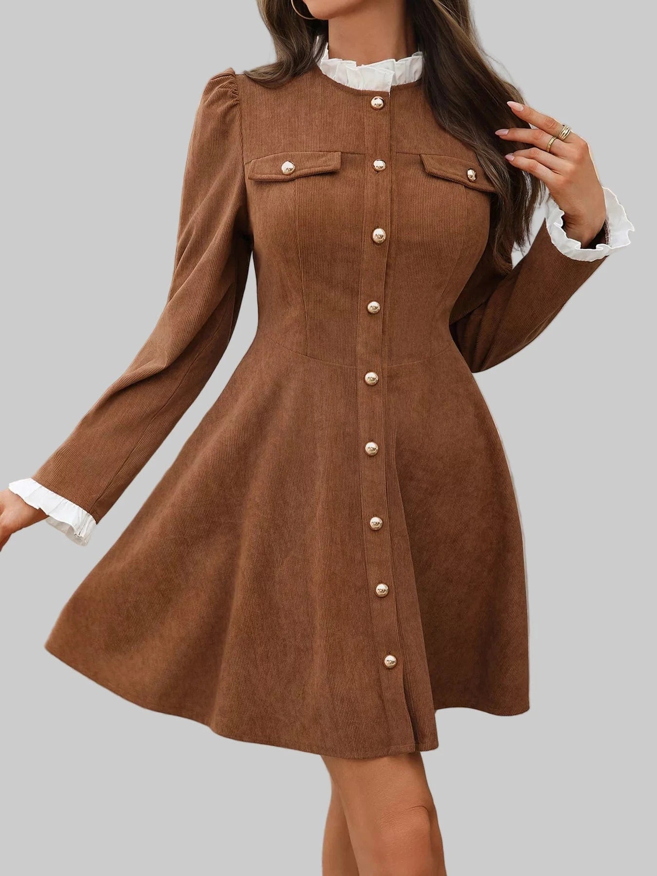 Tailored Button-Front Long Sleeve Dress Dresses Brown / S The Nichole Collection