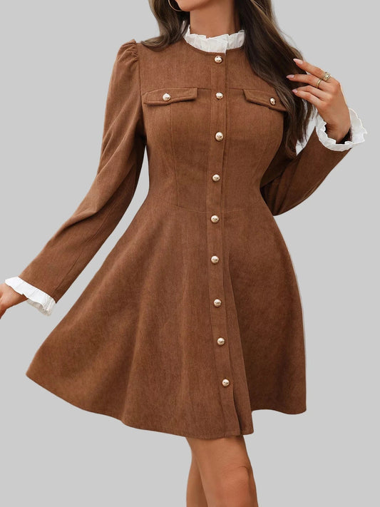 Tailored Button-Front Long Sleeve Dress Dresses Brown / S The Nichole Collection