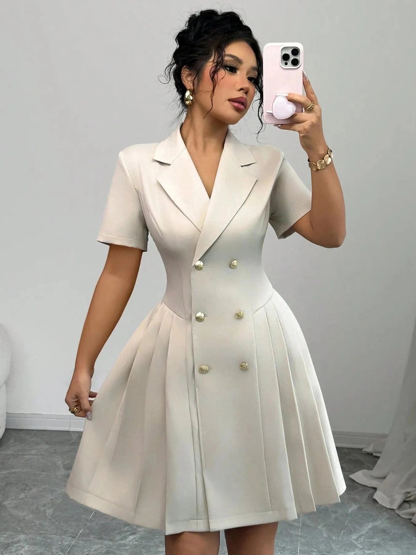 Tailored Double-Breasted Short Sleeve Dress Dresses Apricot / S The Nichole Collection