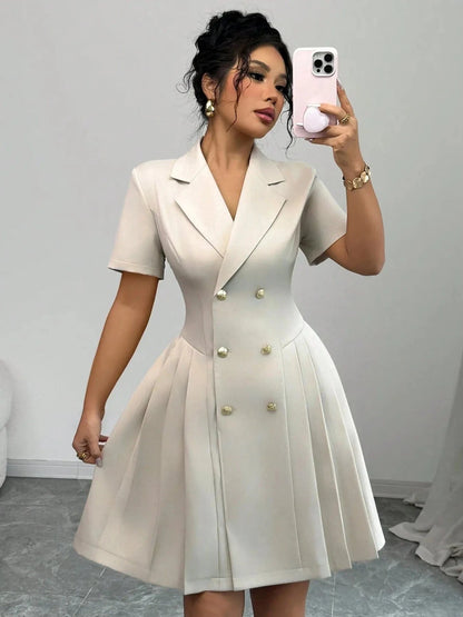 Tailored Double-Breasted Short Sleeve Dress Dresses Apricot / S The Nichole Collection