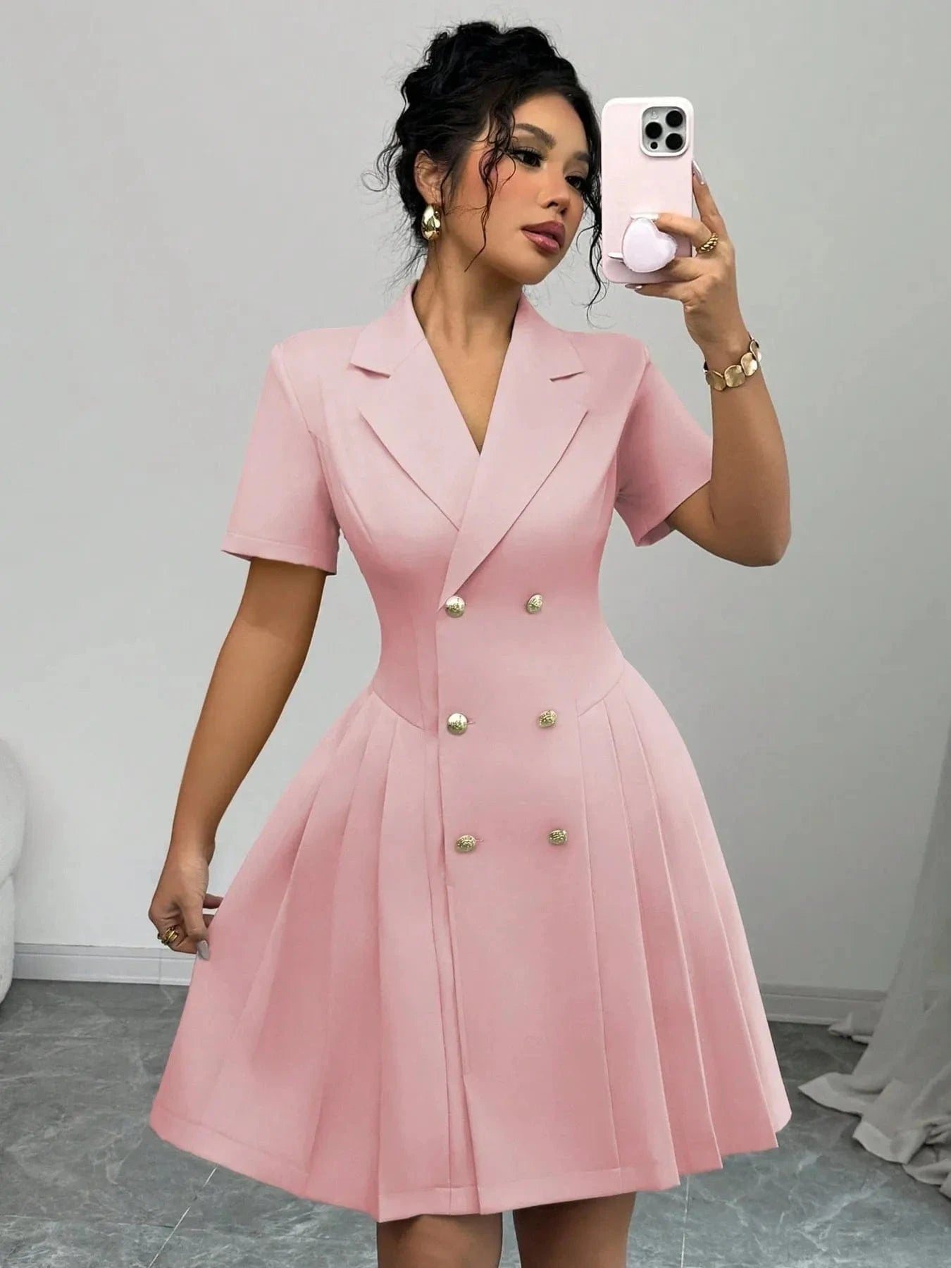 Tailored Double-Breasted Short Sleeve Dress Dresses Pink / S The Nichole Collection