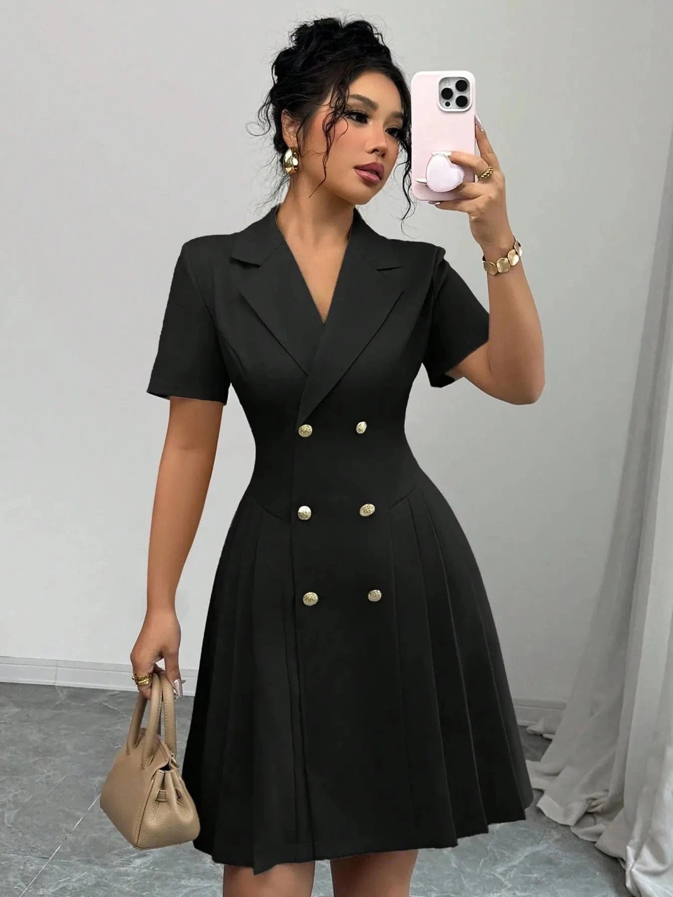 Tailored Double-Breasted Short Sleeve Dress Dresses Black / S The Nichole Collection