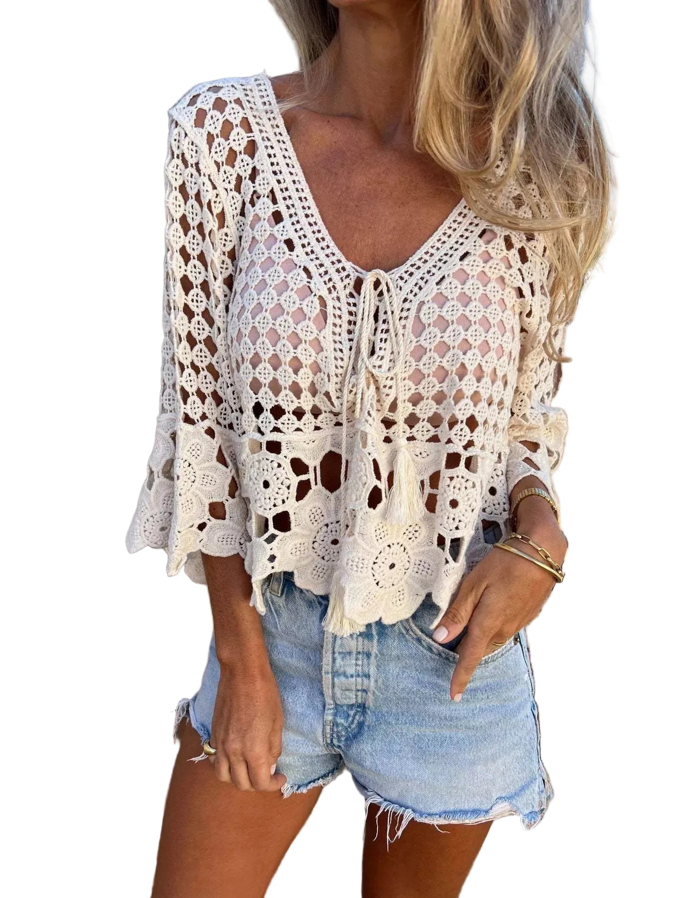 Tassel Crochet Knit Cover Up Apricot / One Size Crochet Tops The Nichole Collection - Official Site