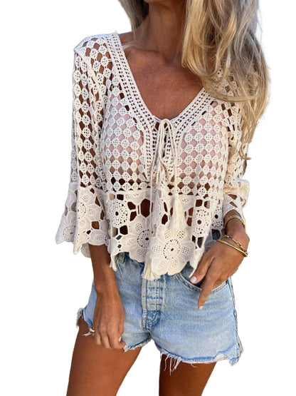 Tassel Crochet Knit Cover Up Apricot / One Size Crochet Tops The Nichole Collection - Official Site