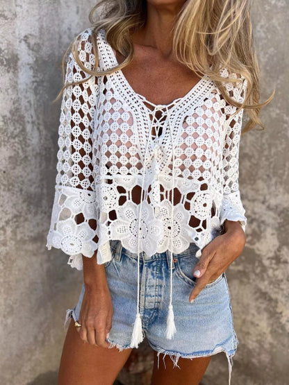 Tassel Crochet Knit Cover Up White / One Size Crochet Tops The Nichole Collection - Official Site