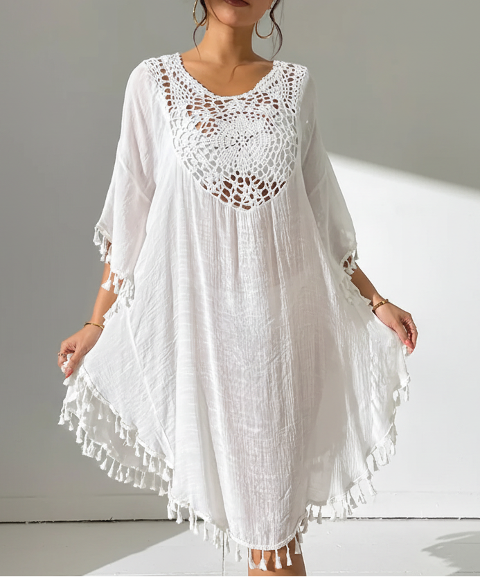 Tassel Cutout Scoop Neck Cover-Up Dress White / One Size Crochet Dresses The Nichole Collection - Official Site