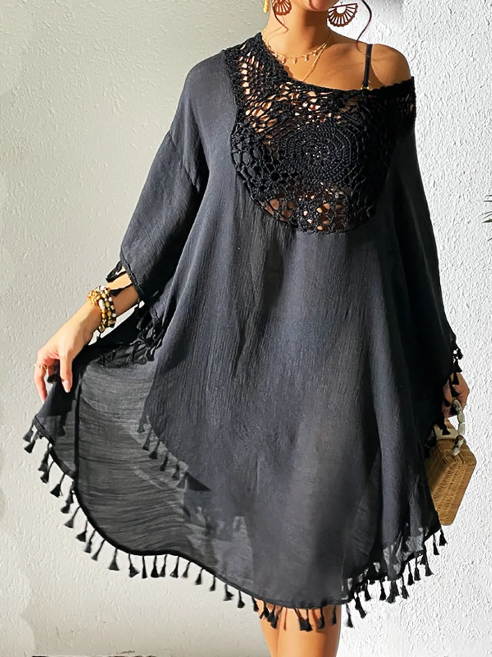 Tassel Cutout Scoop Neck Cover-Up Dress Black / One Size Crochet Dresses The Nichole Collection - Official Site