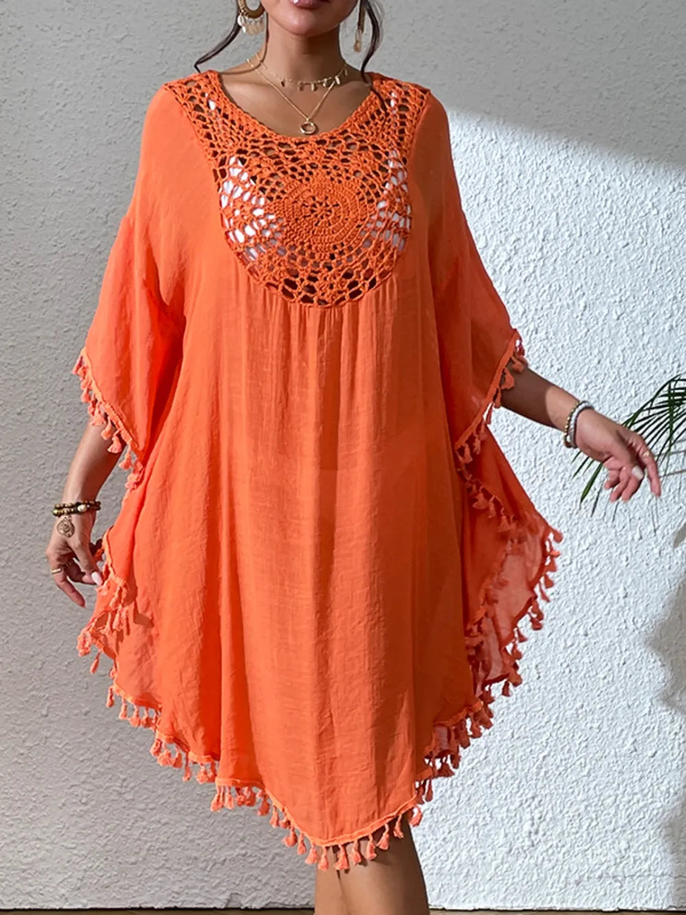 Tassel Cutout Scoop Neck Cover-Up Dress Orange / One Size Crochet Dresses The Nichole Collection - Official Site