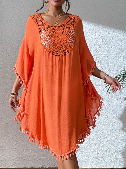 Tassel Cutout Scoop Neck Cover-Up Dress Orange / One Size Crochet Dresses The Nichole Collection - Official Site