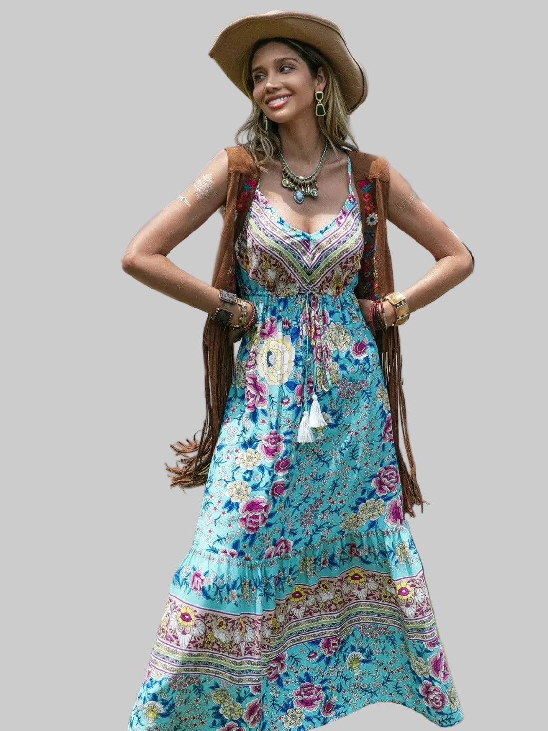 Tassel Floral Print Tiered Cami Dress Pastel  Blue / S Maxi Dresses The Nichole Collection - Official Site