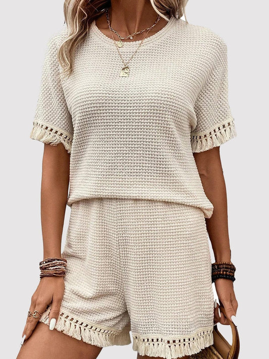 Tassel Round Neck Top and Shorts Set Cream / S The Nichole Collection
