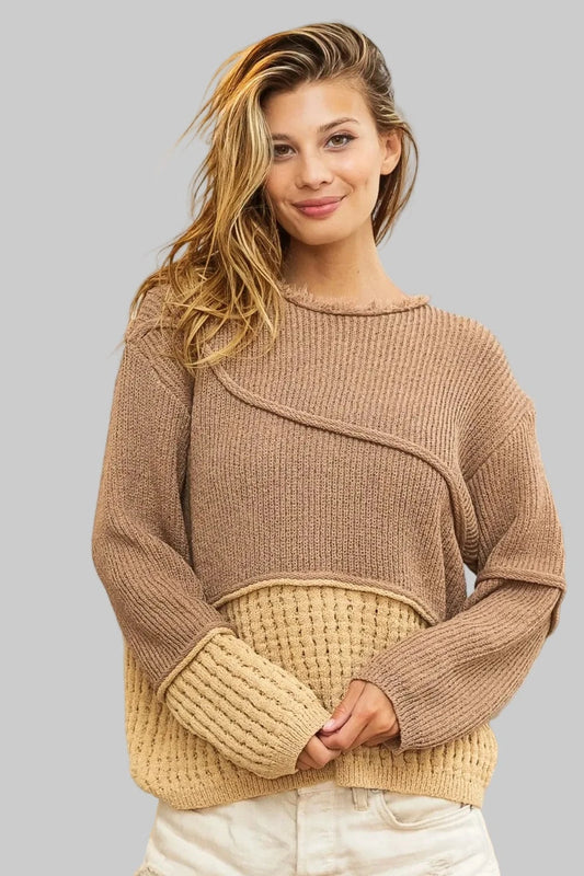 Texture Detail Contrast Drop Shoulder Sweater Sweaters MOCHA BROWN COMBO / S The Nichole Collection