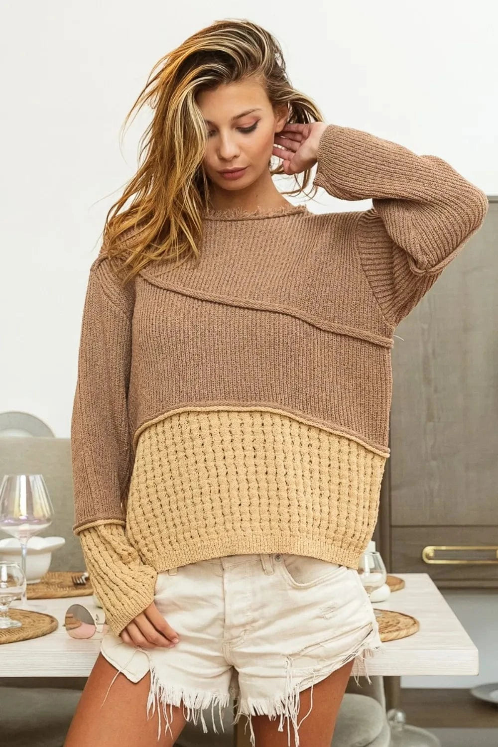 Texture Detail Contrast Drop Shoulder Sweater Sweaters The Nichole Collection