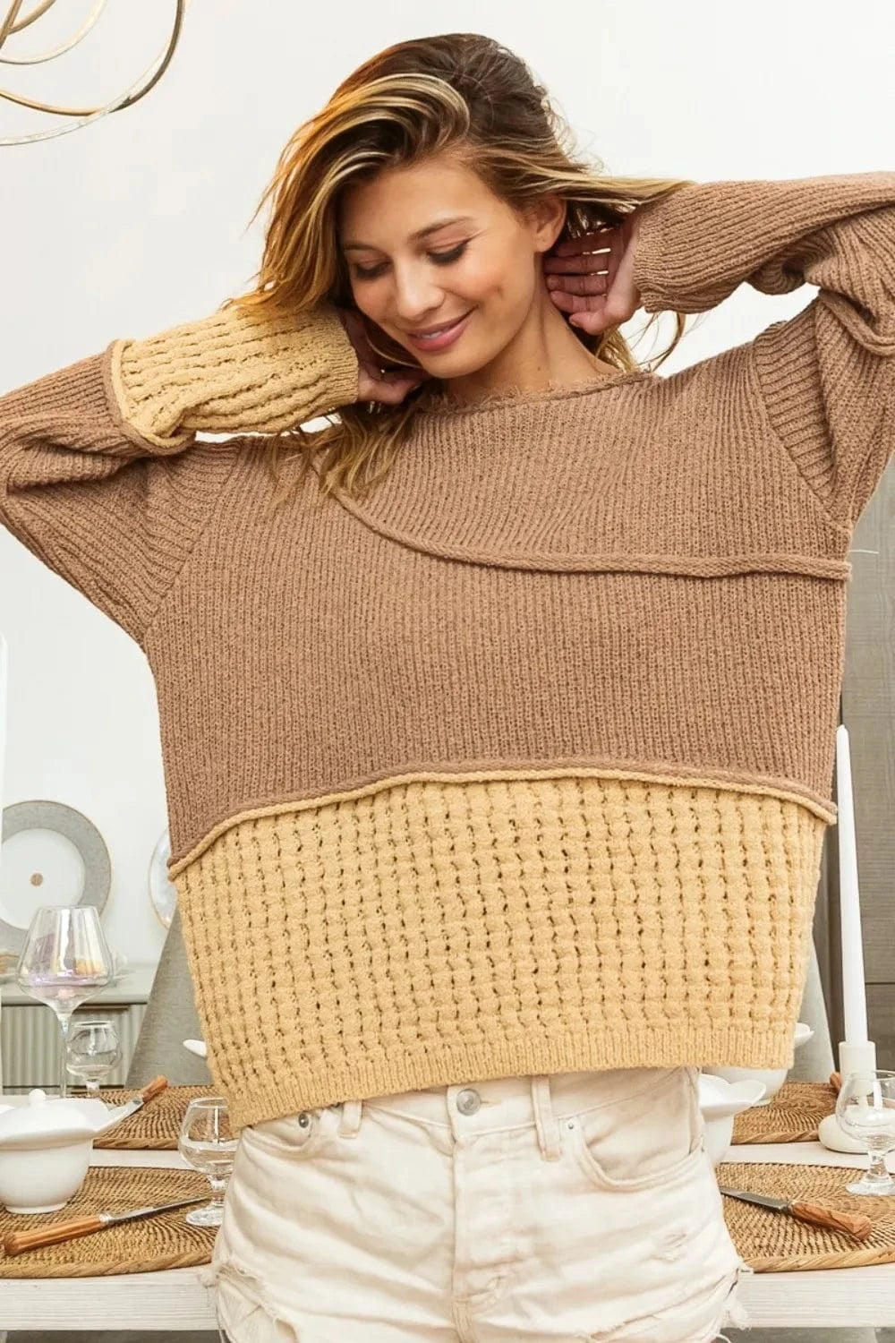 Texture Detail Contrast Drop Shoulder Sweater Sweaters The Nichole Collection