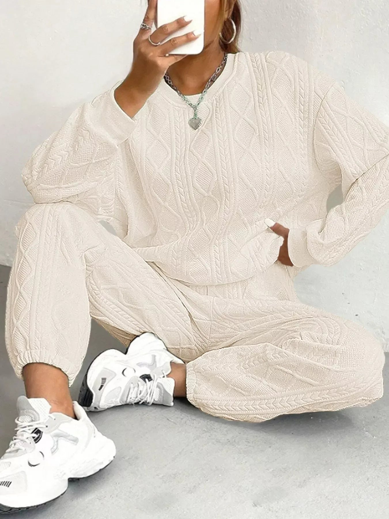 Texture Round Neck Top and Pants Set Beige / XS The Nichole Collection