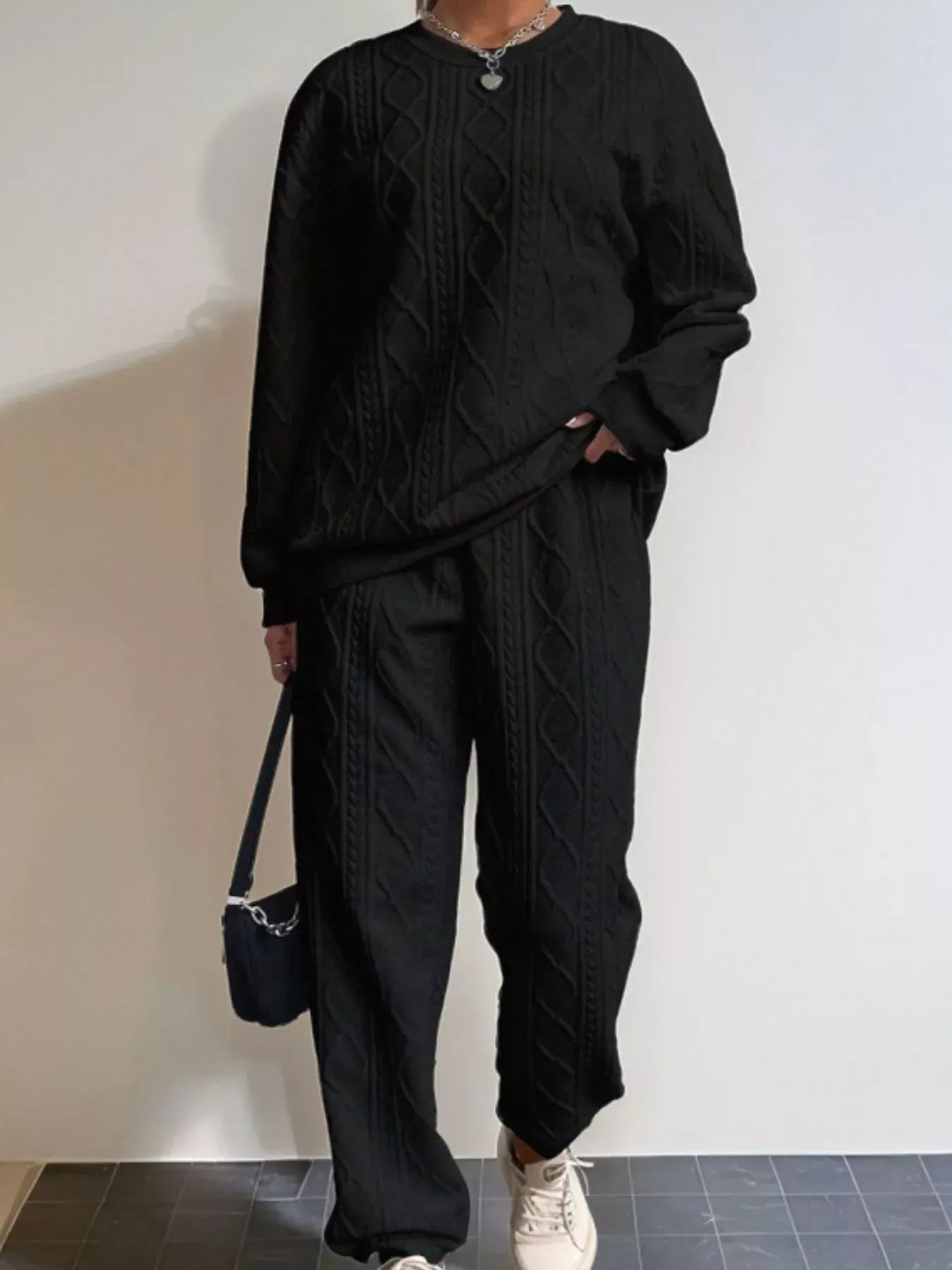 Texture Round Neck Top and Pants Set Black / XS The Nichole Collection