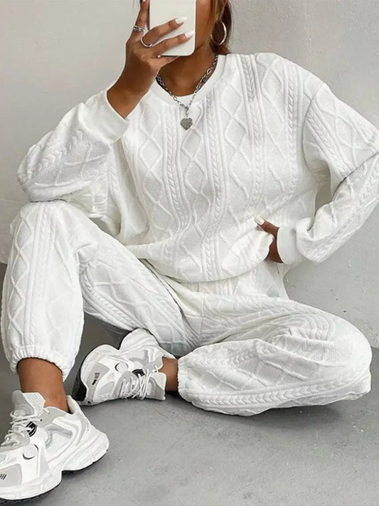 Texture Round Neck Top and Pants Set White / XS The Nichole Collection