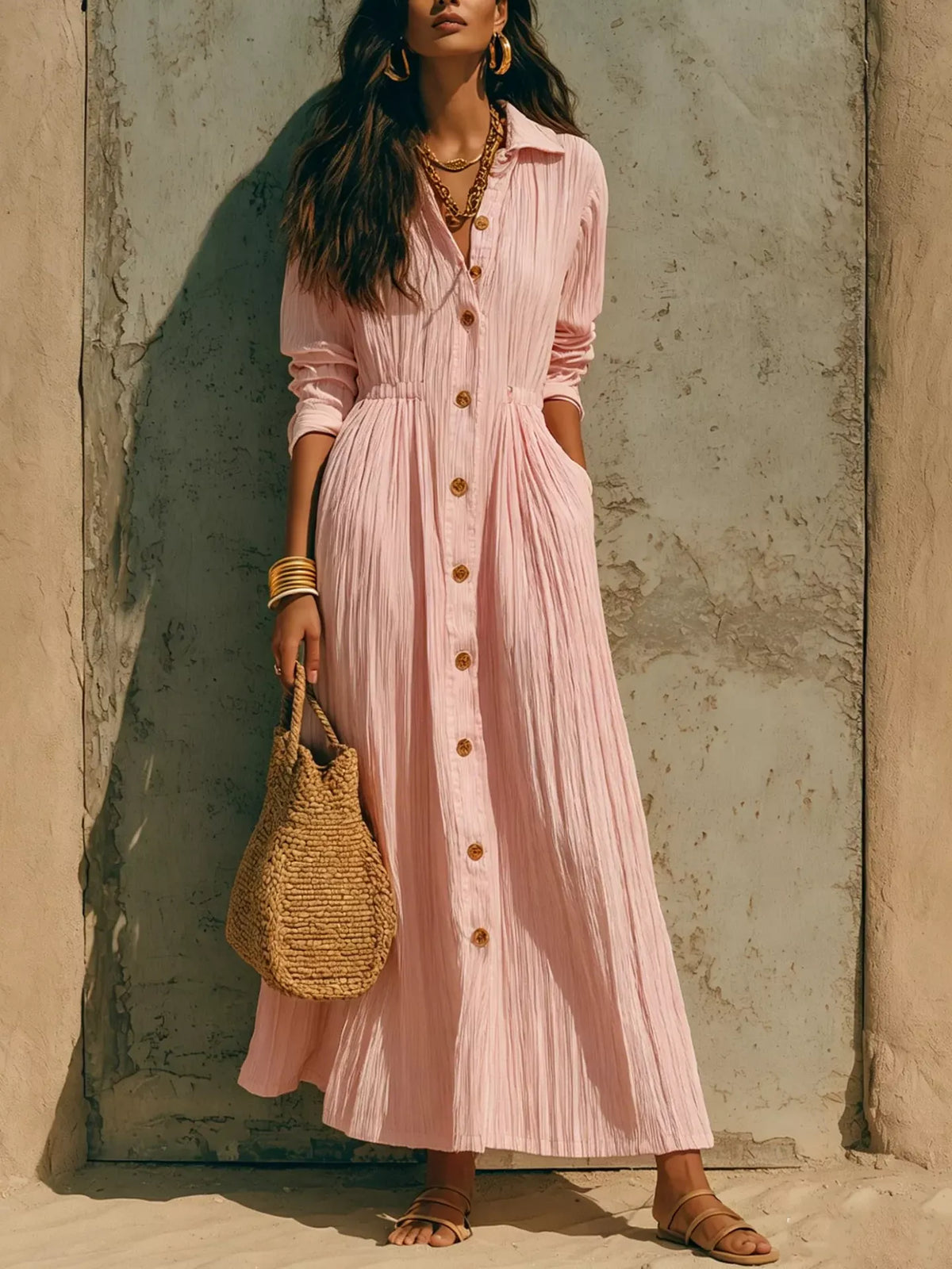 Textured Button Down Long Sleeve Maxi Dress The Nichole Collection - Official Site